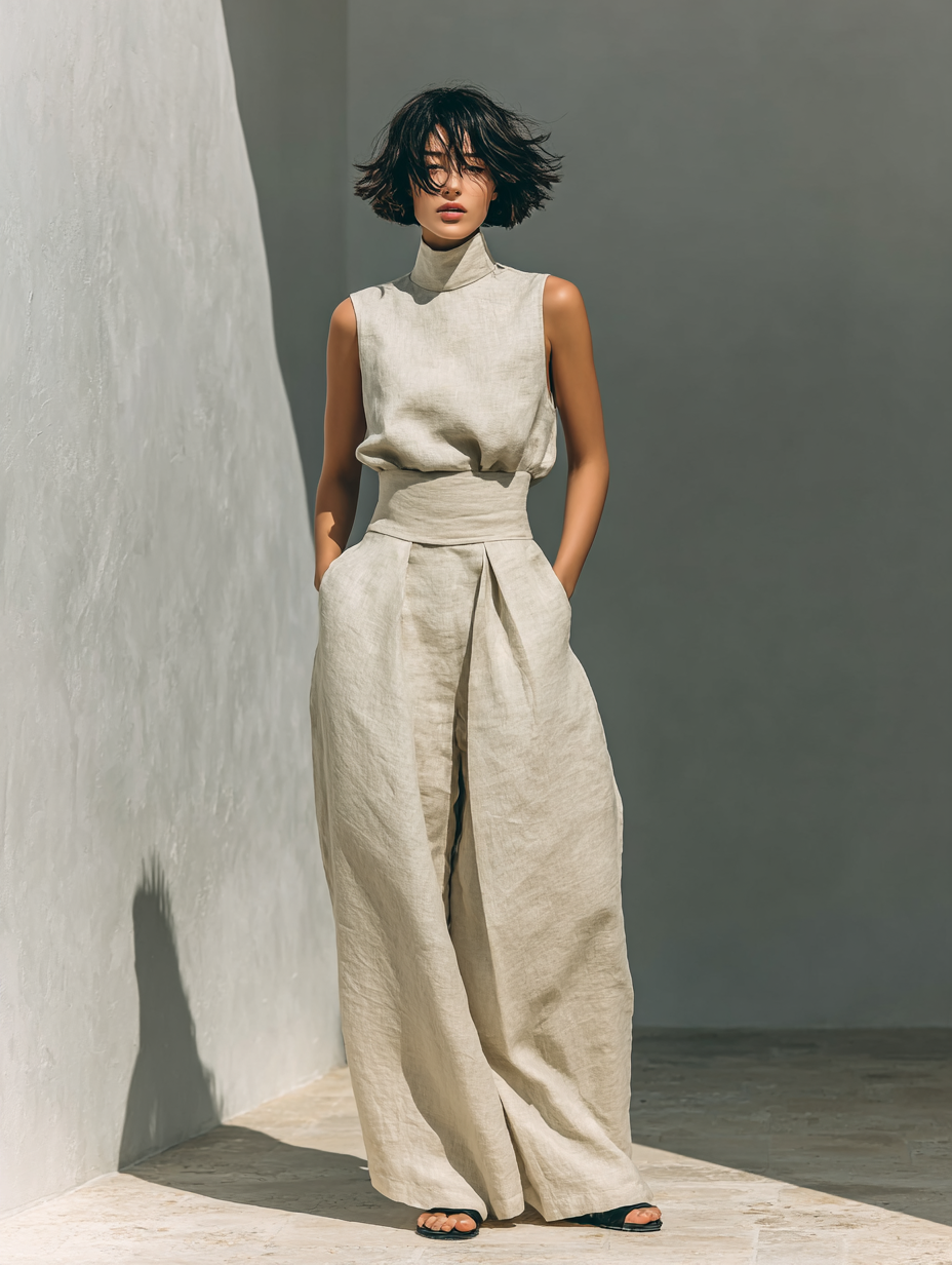 Minimalist Women's Cotton and Linen Wide Leg Pants and Sleeveless Blouse Set MDZ0873A5Y