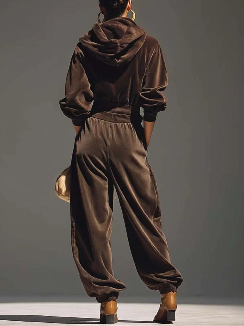 Vintage Brown Velvet Hooded Sweatshirt and Loose Pants Set (Including Belt)
