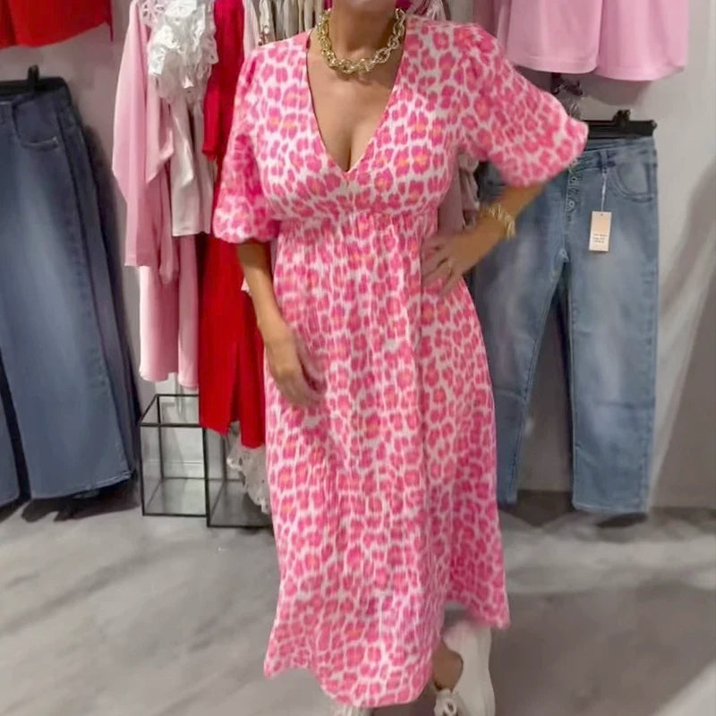 Ladies' Dress with V-Neck and Print