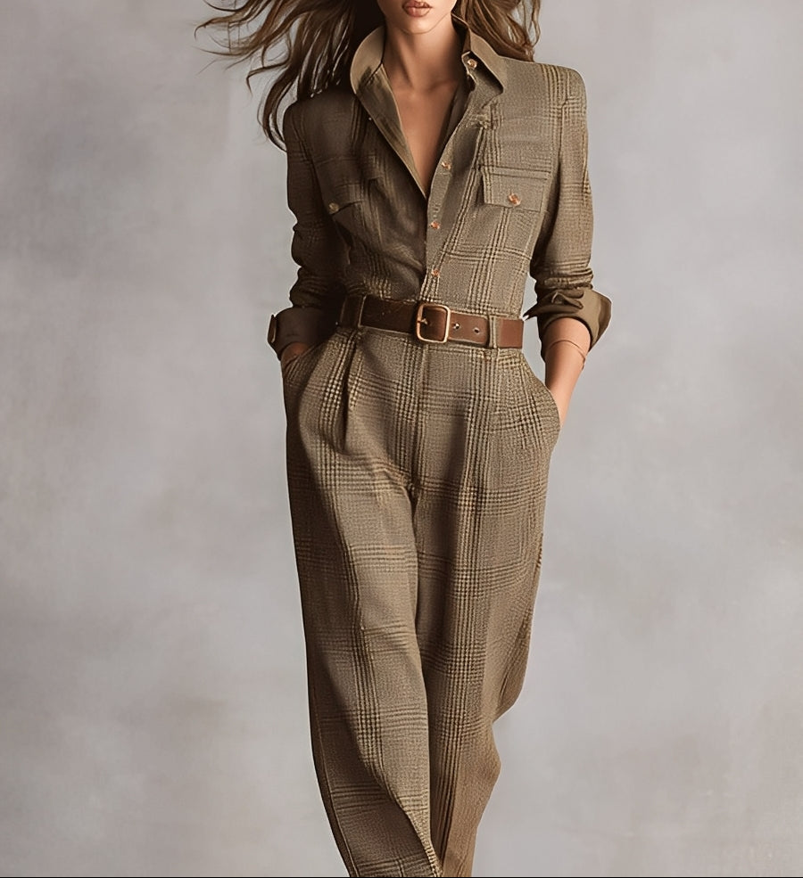Celia | Brown Checkered Jumpsuit with Elegant Details