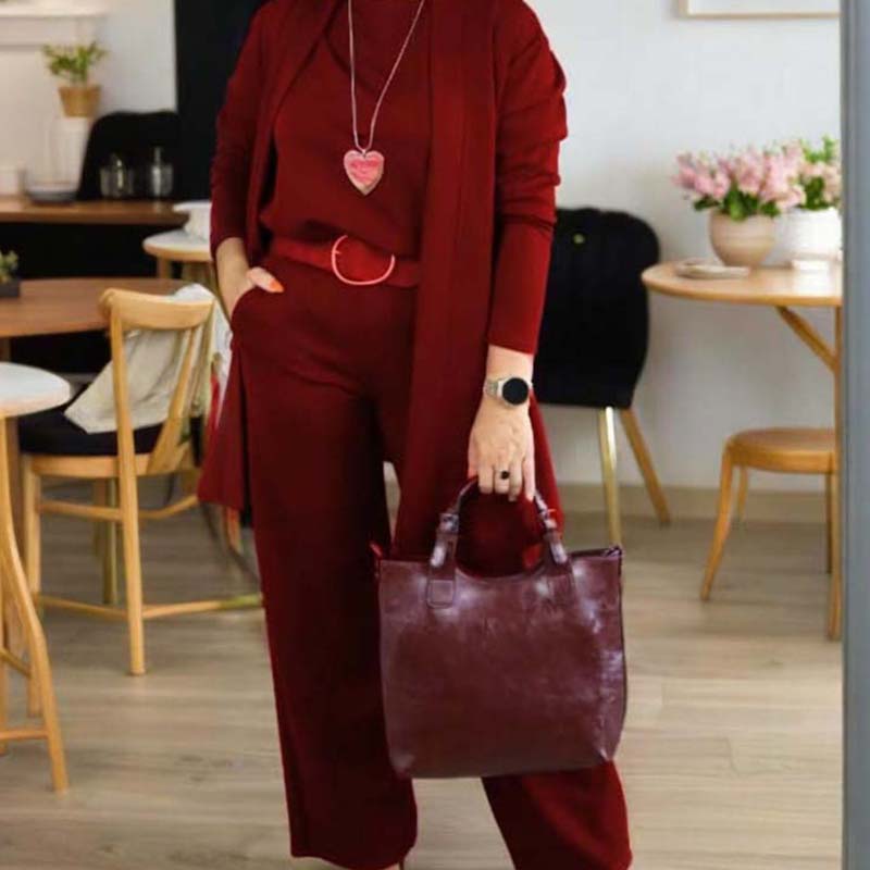 Elegant 3-Piece Set consisting of Long Cardigan, Top, and Trousers