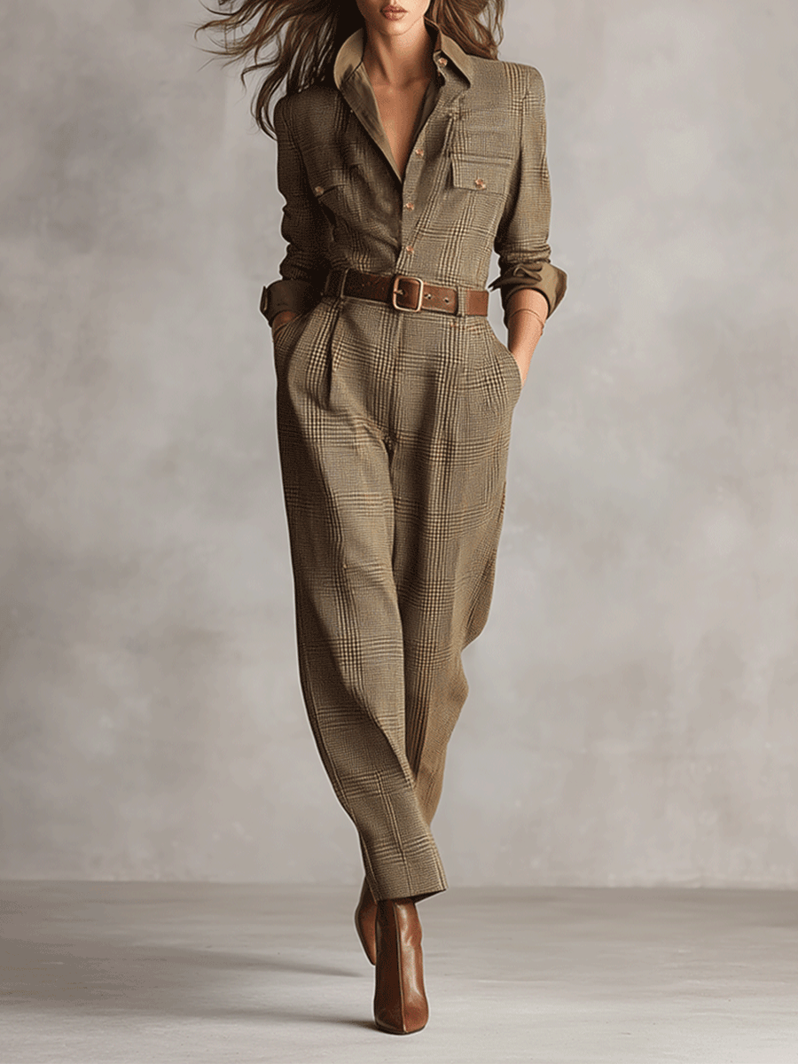 Celia | Brown Checkered Jumpsuit with Elegant Details