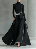 Black Maxi Dress with White Stitching, High Neck, Long Sleeves, and Slim Waist