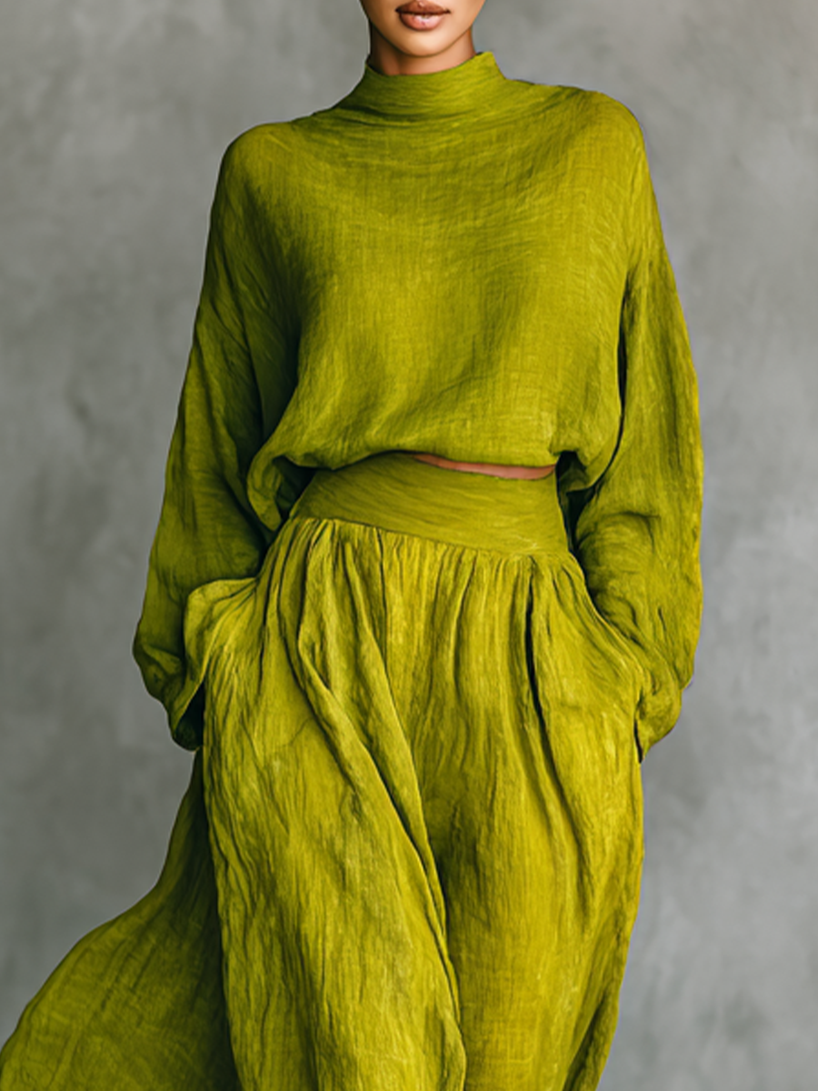 Women's Green Outfit in Cotton and Linen Blend