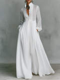 Elisa - Maxi Minimalist Dress with Cotton and Linen Patchwork, High Neck and Long Sleeves