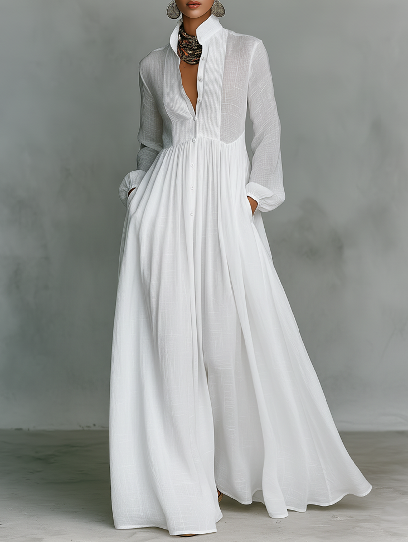 Elisa - Maxi Minimalist Dress with Cotton and Linen Patchwork, High Neck and Long Sleeves