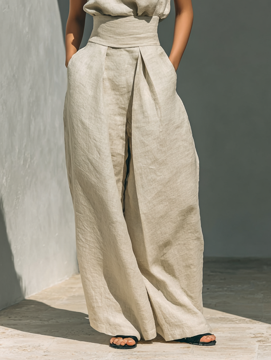Minimalist Women's Cotton and Linen Wide Leg Pants and Sleeveless Blouse Set MDZ0873A5Y