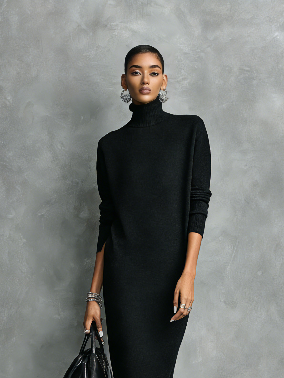 Elegant Black Midi Dress in Knit with High Neck and Long Sleeves, Soft Cut, No Pockets MDA1974L7AN