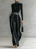 Two-Piece Set for Women with High Neck Top, Long Sleeves, Wide Leg Pants, and Belt