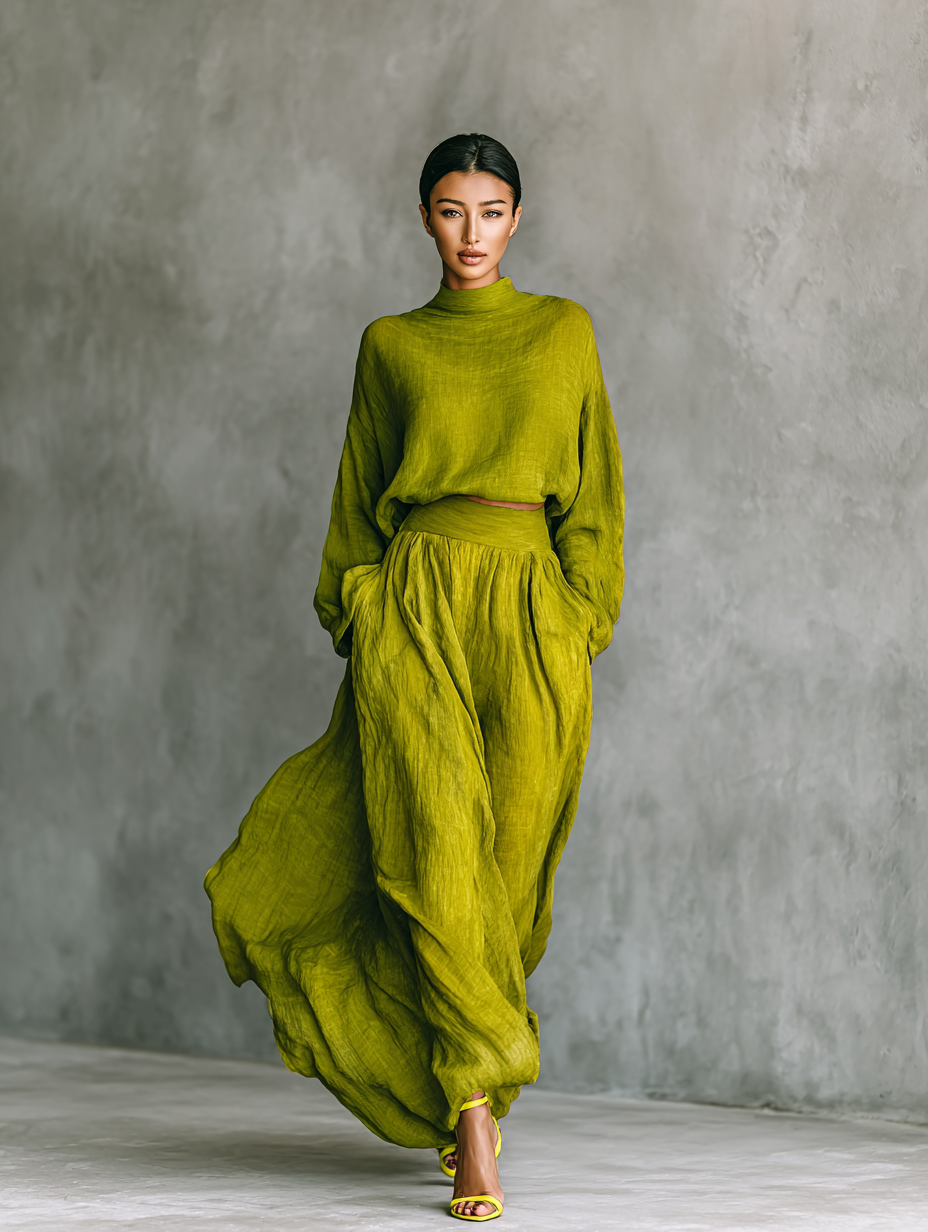 Women's Green Outfit in Cotton and Linen Blend