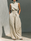Minimalist Women's Cotton and Linen Wide Leg Pants and Sleeveless Blouse Set MDZ0873A5Y