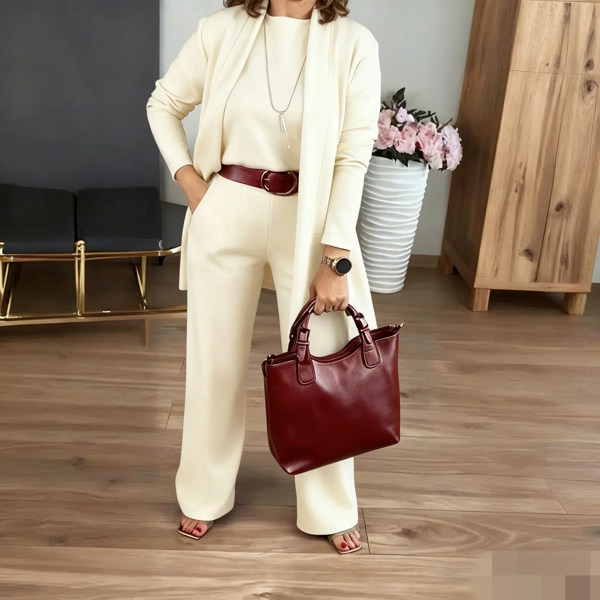 Elegant 3-Piece Set consisting of Long Cardigan, Top, and Trousers