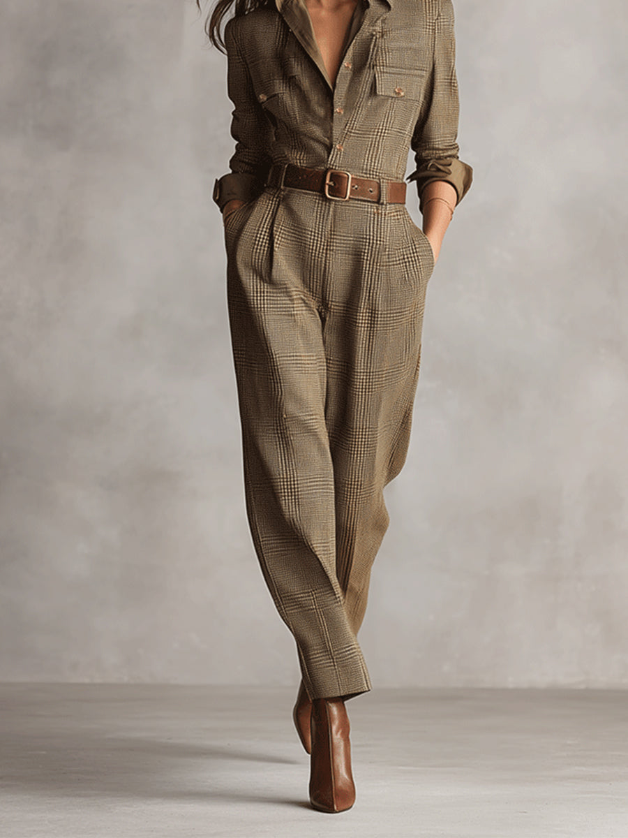 Celia | Brown Checkered Jumpsuit with Elegant Details