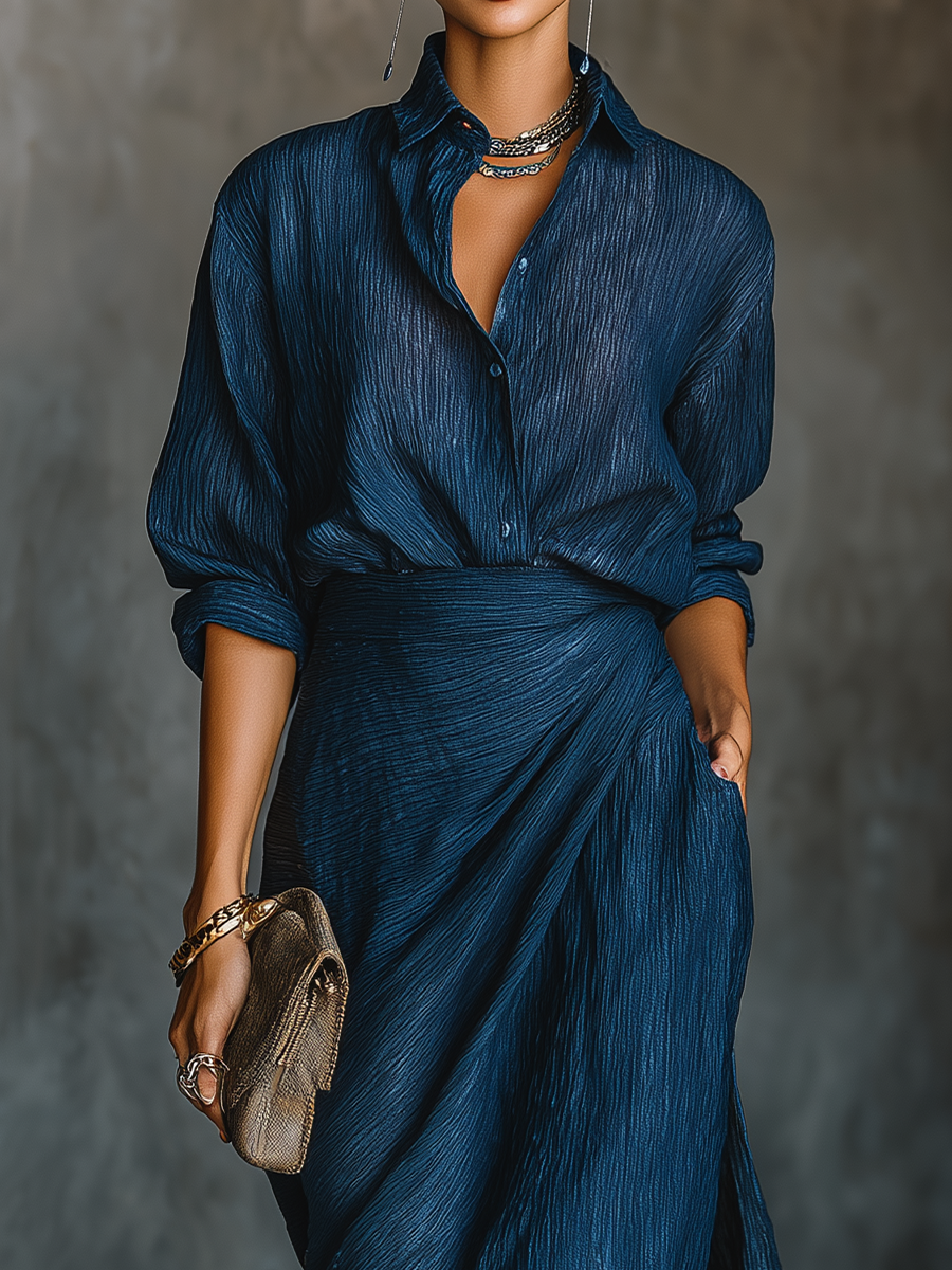 Long Skirt and Elegant Shirt Set in Navy Blue Cotton and Linen