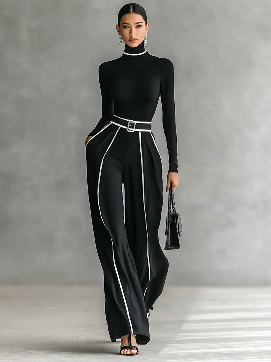 Two-Piece Set for Women with High Neck Top, Long Sleeves, Wide Leg Pants, and Belt