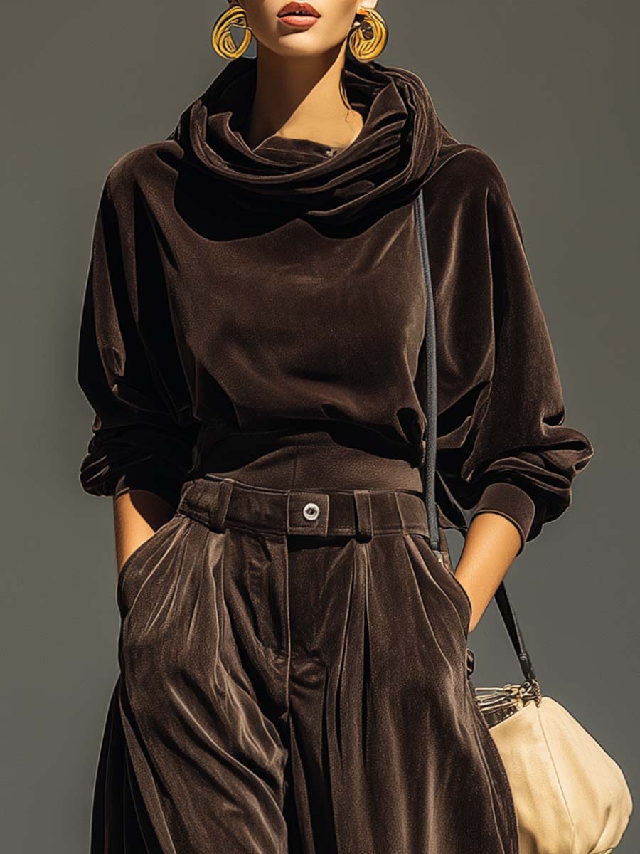 Vintage Brown Velvet Hooded Sweatshirt and Loose Pants Set (Including Belt)
