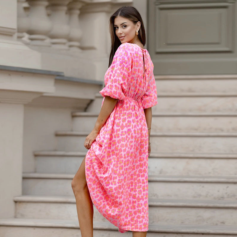 Ladies' Dress with V-Neck and Print
