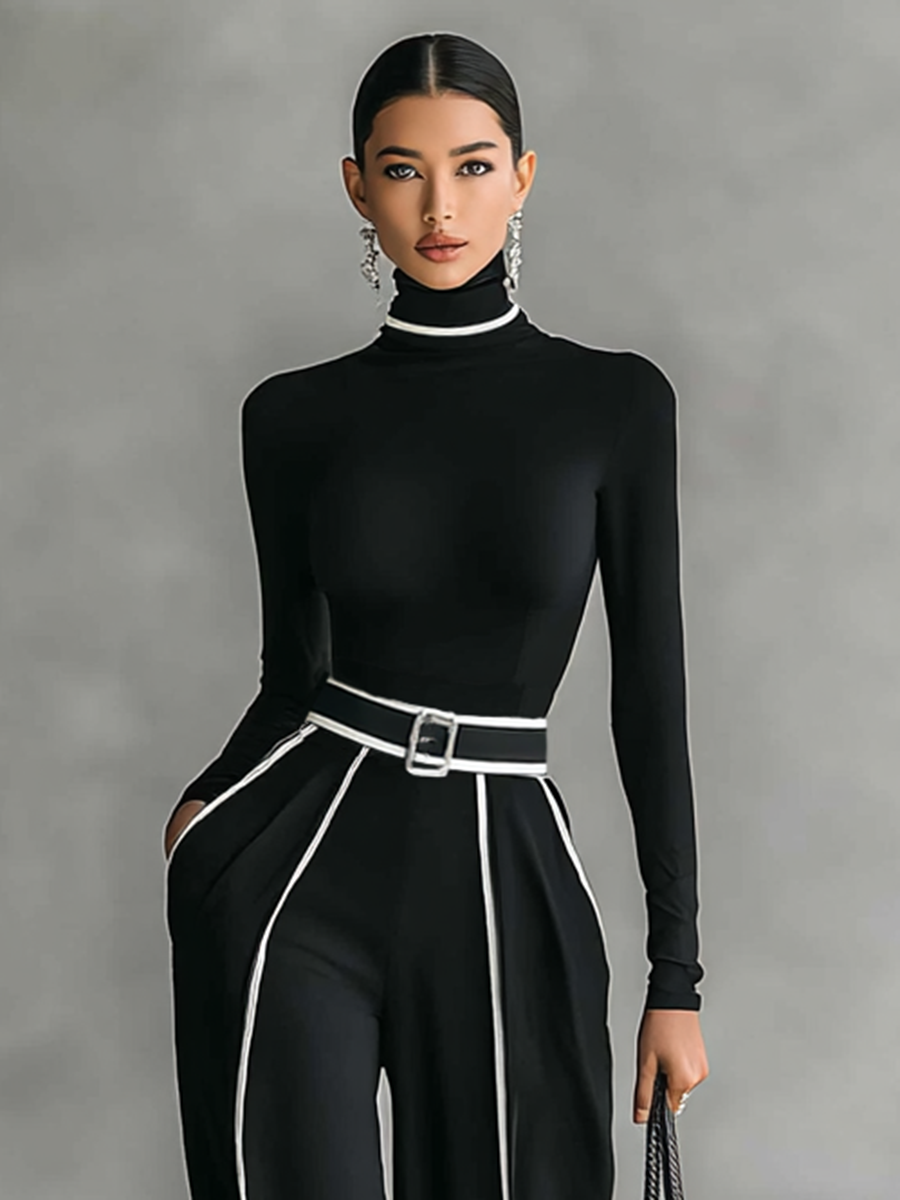 Two-Piece Set for Women with High Neck Top, Long Sleeves, Wide Leg Pants, and Belt