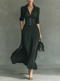 Maxi Long Dress with Long Sleeves and Notched Collar and Pleats