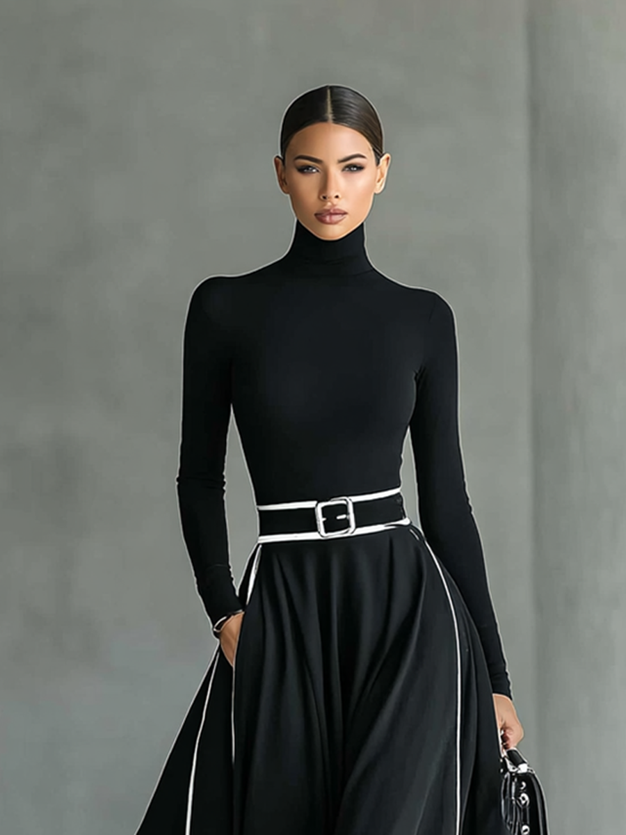 Black Maxi Dress with White Stitching, High Neck, Long Sleeves, and Slim Waist