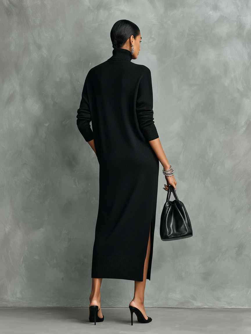 Elegant Black Midi Dress in Knit with High Neck and Long Sleeves, Soft Cut, No Pockets MDA1974L7AN