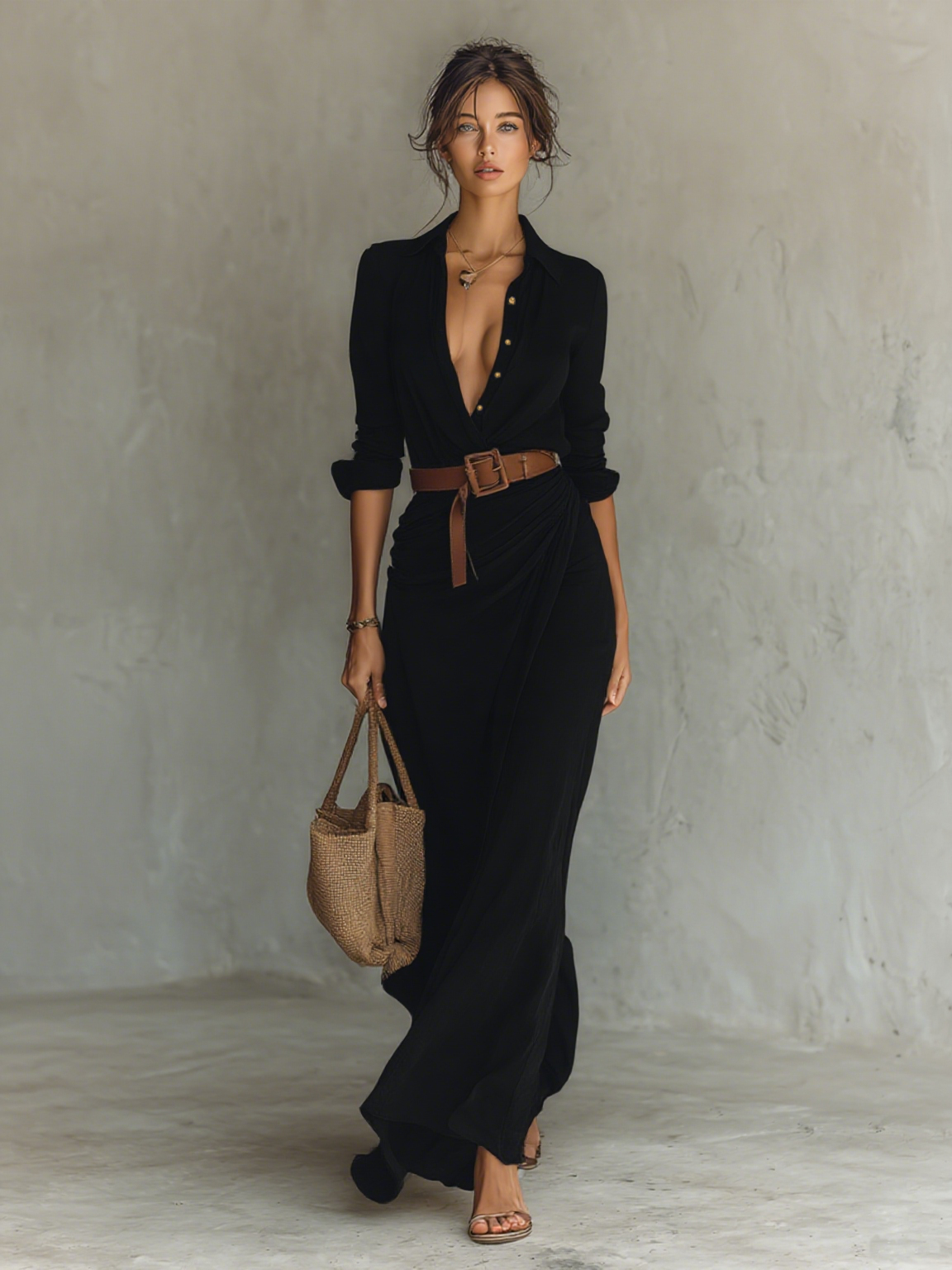 Long Maxi Dress with Collar and Included Belt