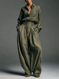 Women's Cotton and Linen Double Set with Long Sleeve Shirt and Wide Leg Pants
