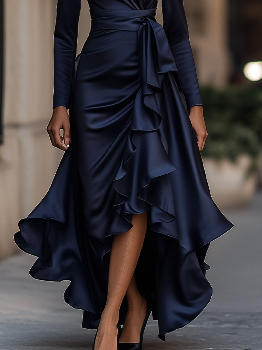 Luna - Long Satin Dress with Ruffles