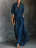 Long Skirt and Elegant Shirt Set in Navy Blue Cotton and Linen