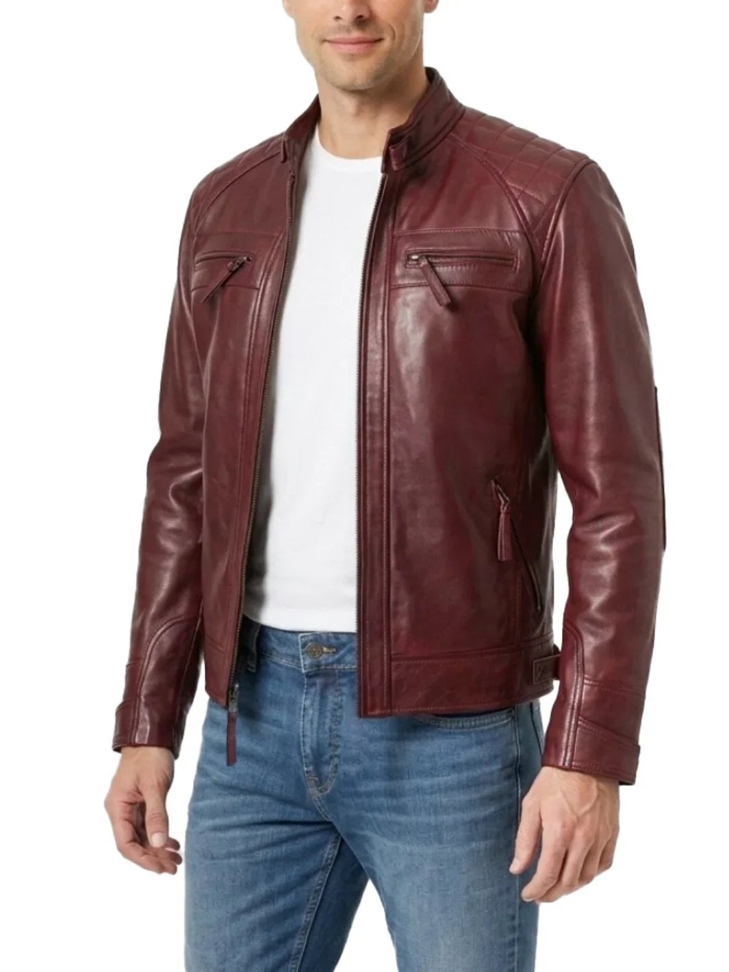 Johnson Burgundy Quilted Biker Leather Jacket