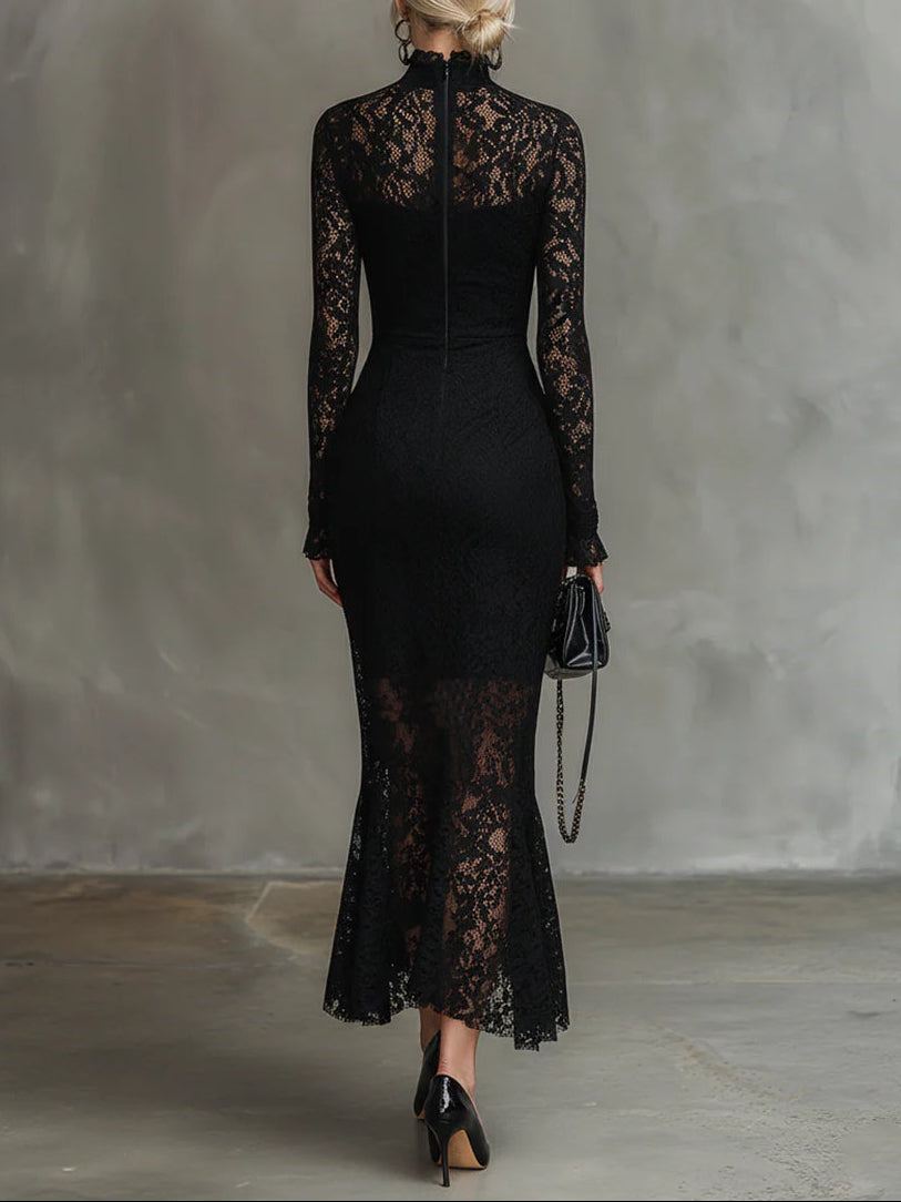 Teresa - Flexible Black Lace Maxi Fishtail Dress