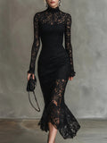 Stylish Black Stretch Lace Train Maxi Dress