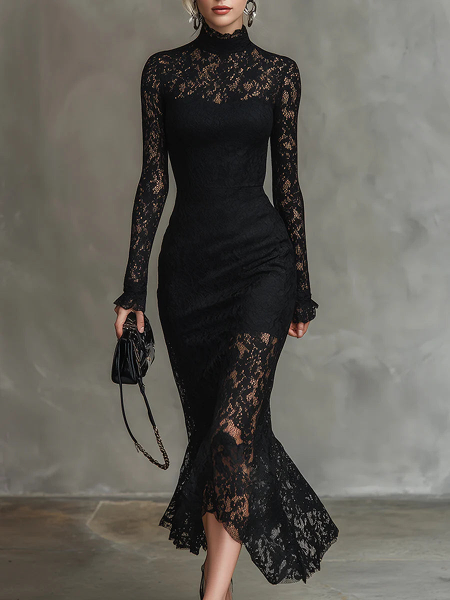 Stylish Black Stretch Lace Train Maxi Dress