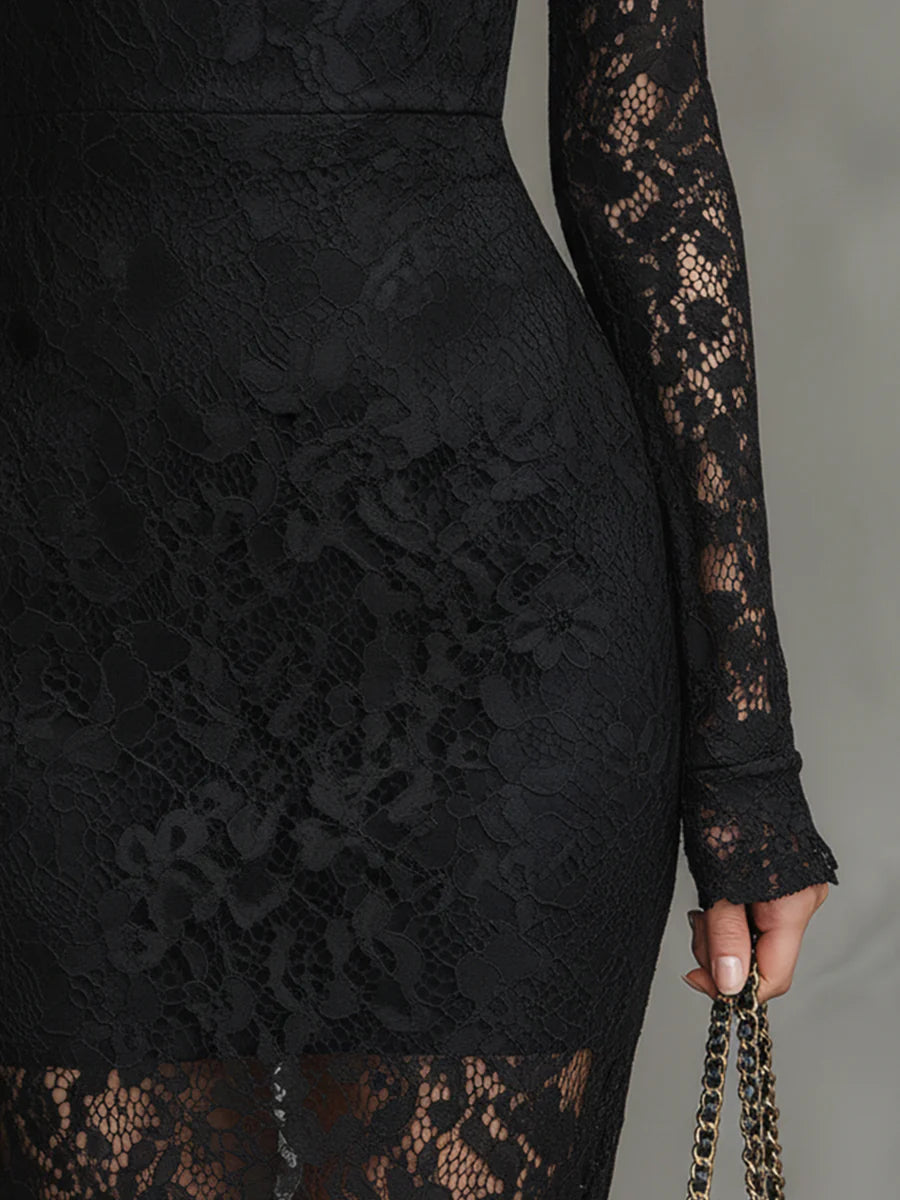 Teresa - Flexible Black Lace Maxi Fishtail Dress