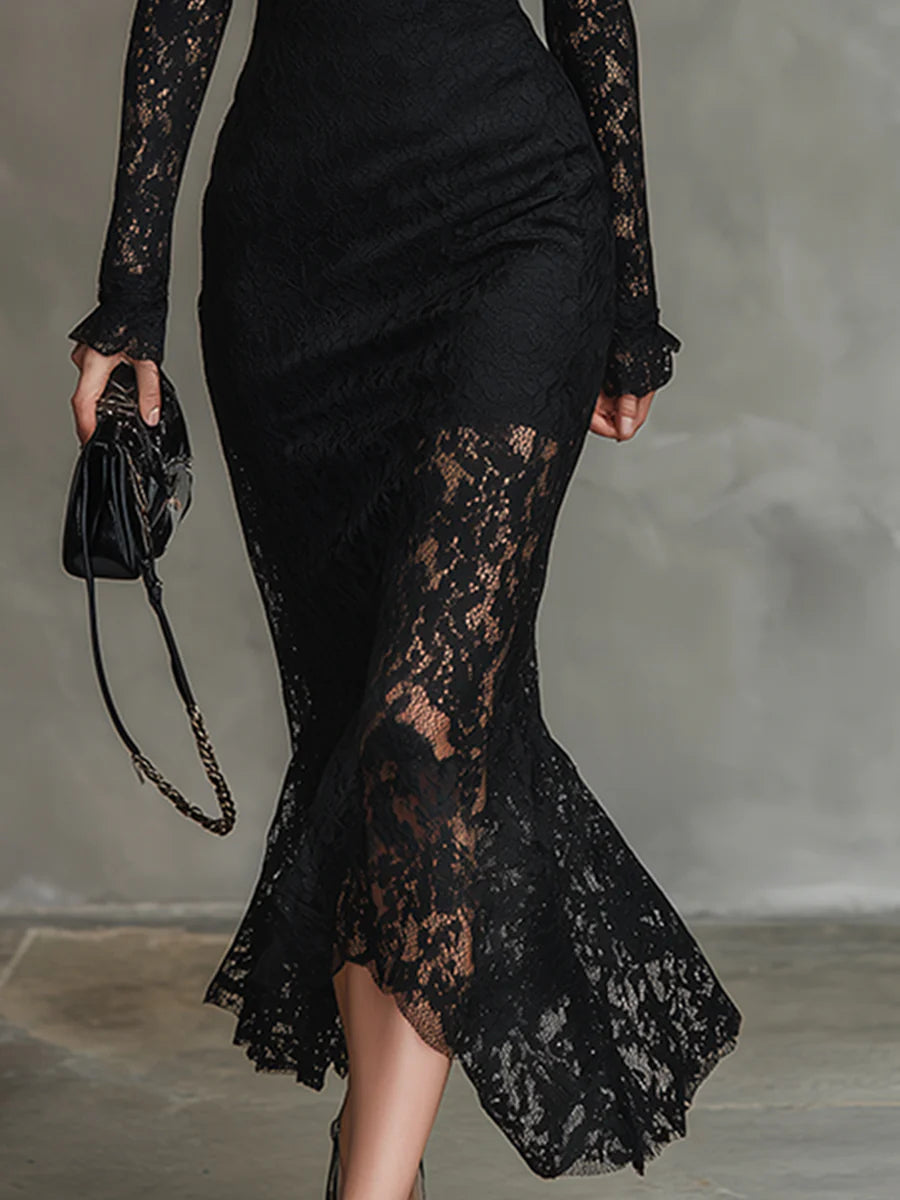 Teresa - Flexible Black Lace Maxi Fishtail Dress