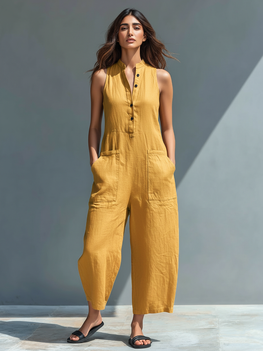 Sleeveless Minimalist Linen Blend Jumpsuit with Raised Collar MDZ2725A5Y