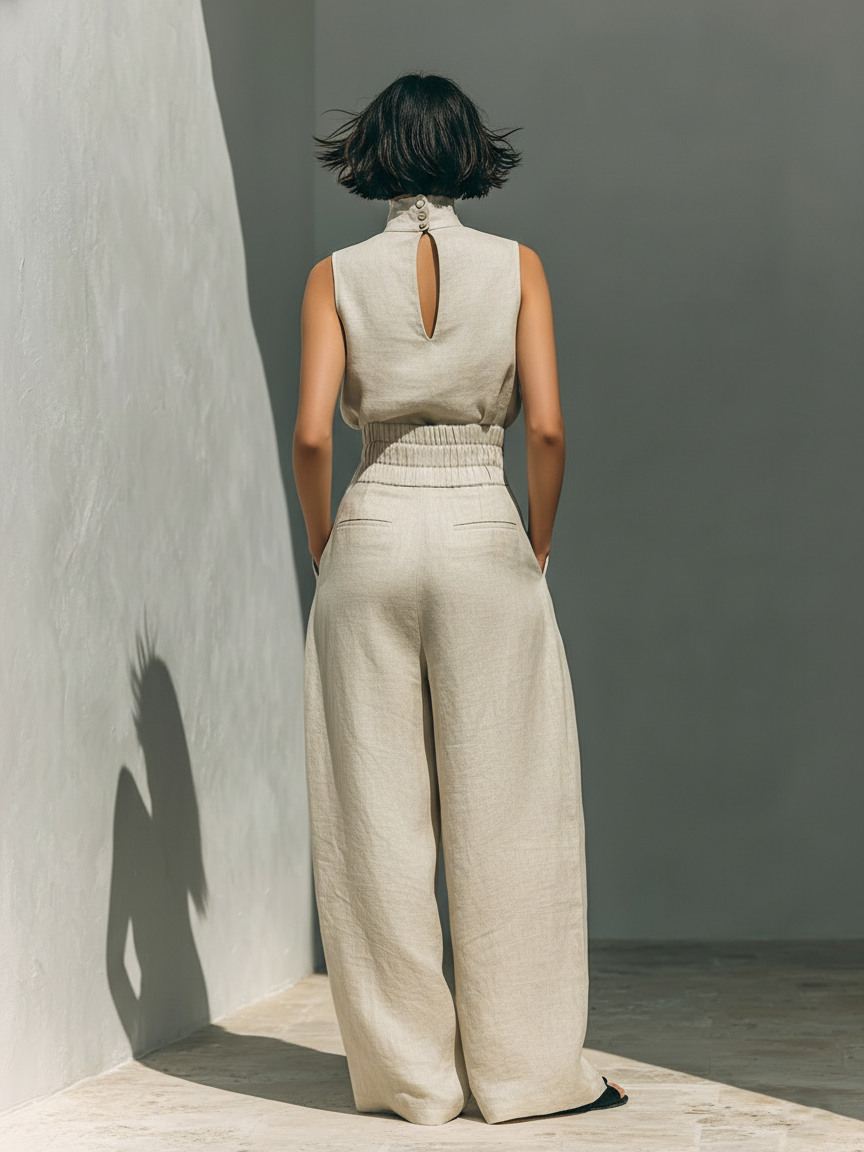 Minimalist Women's Cotton and Linen Wide Leg Pants and Sleeveless Blouse Set MDZ0873A5Y