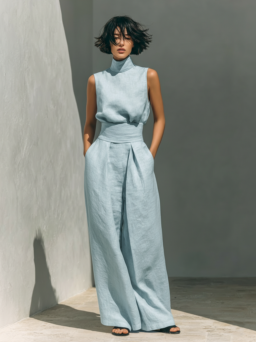 Minimalist Women's Cotton and Linen Wide Leg Pants and Sleeveless Blouse Set MDZ0873A5Y