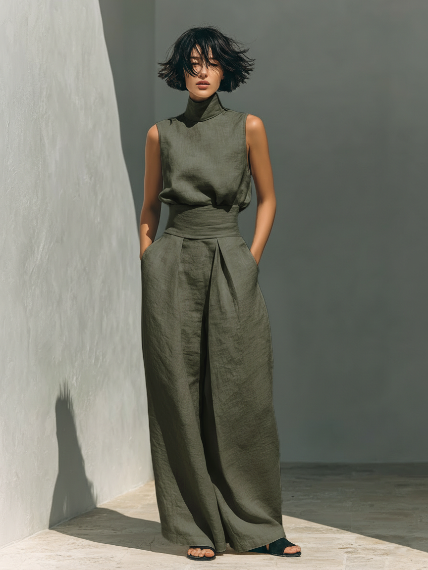 Minimalist Women's Cotton and Linen Wide Leg Pants and Sleeveless Blouse Set MDZ0873A5Y
