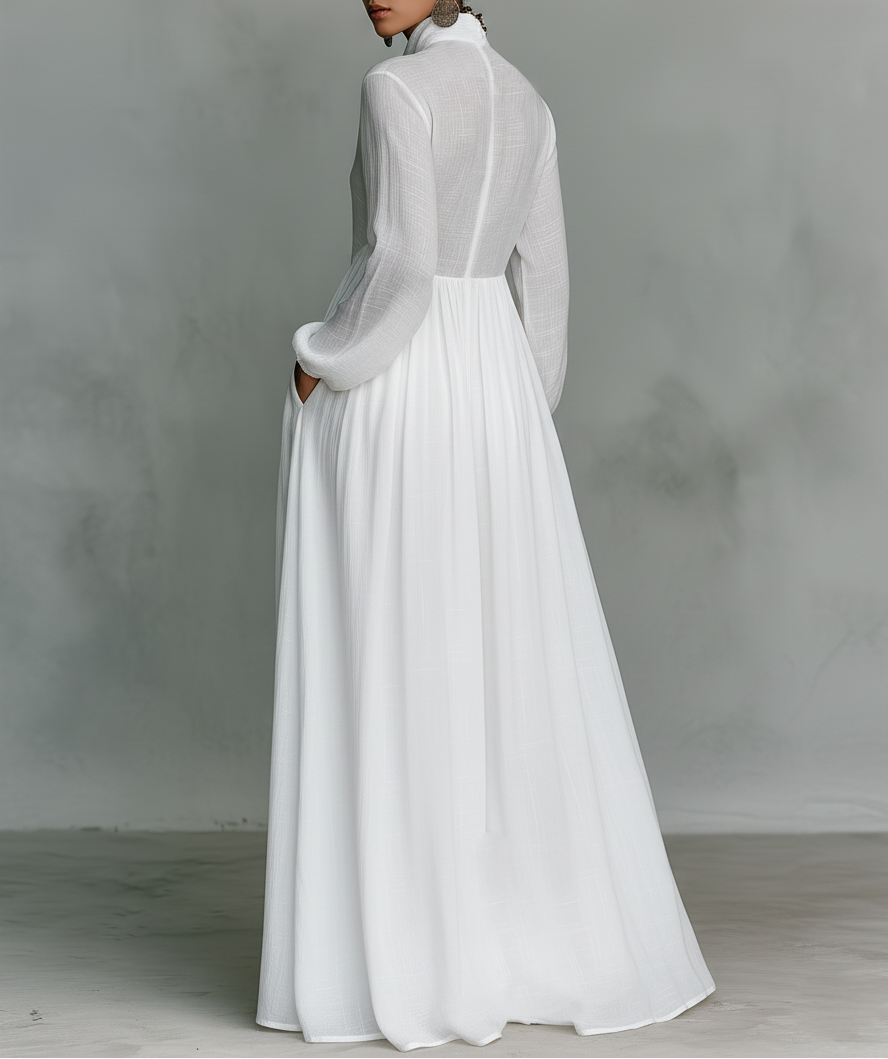 Elisa - Maxi Minimalist Dress with Cotton and Linen Patchwork, High Neck and Long Sleeves