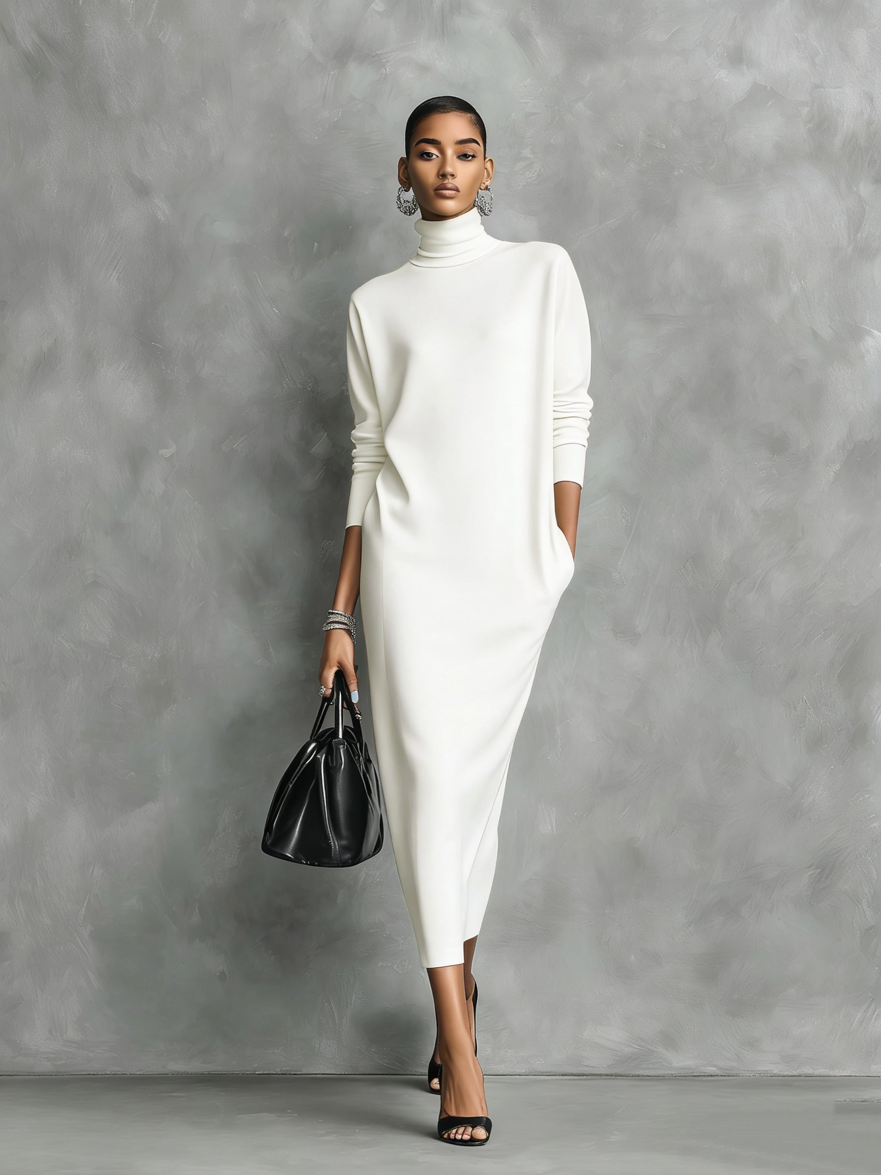 Elegant Black Midi Dress in Knit with High Neck and Long Sleeves, Soft Cut, No Pockets MDA1974L7AN