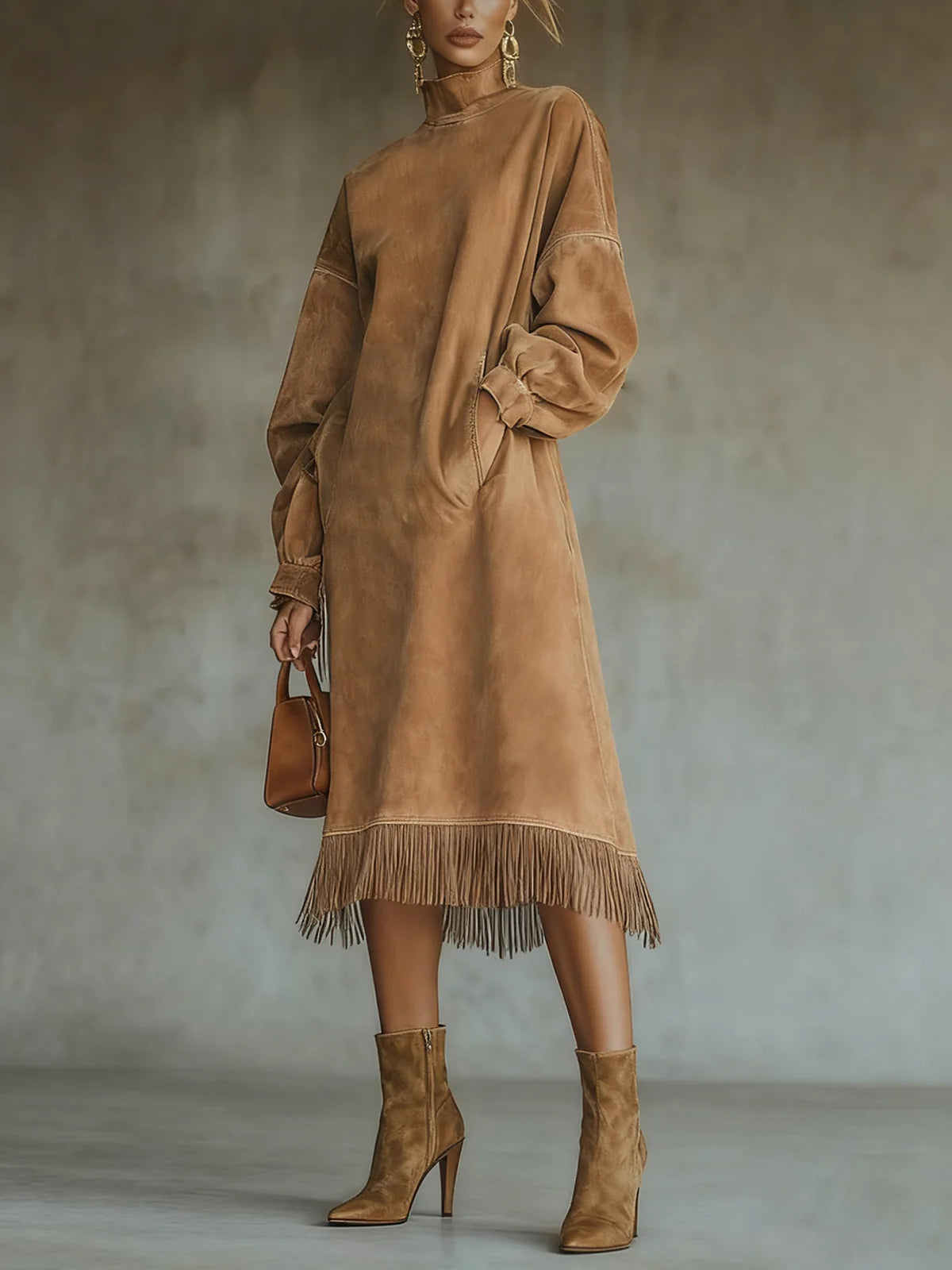 Golf Collar and Plain Cord Suede Dress