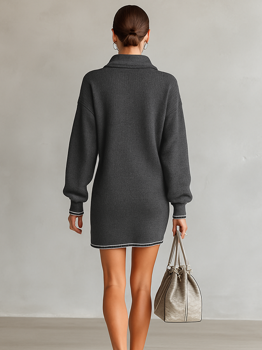 Soft Knit Mini Dress with Polo Collar and Zip