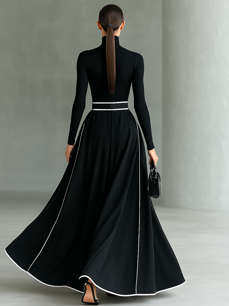 Black Maxi Dress with White Stitching, High Neck, Long Sleeves, and Slim Waist