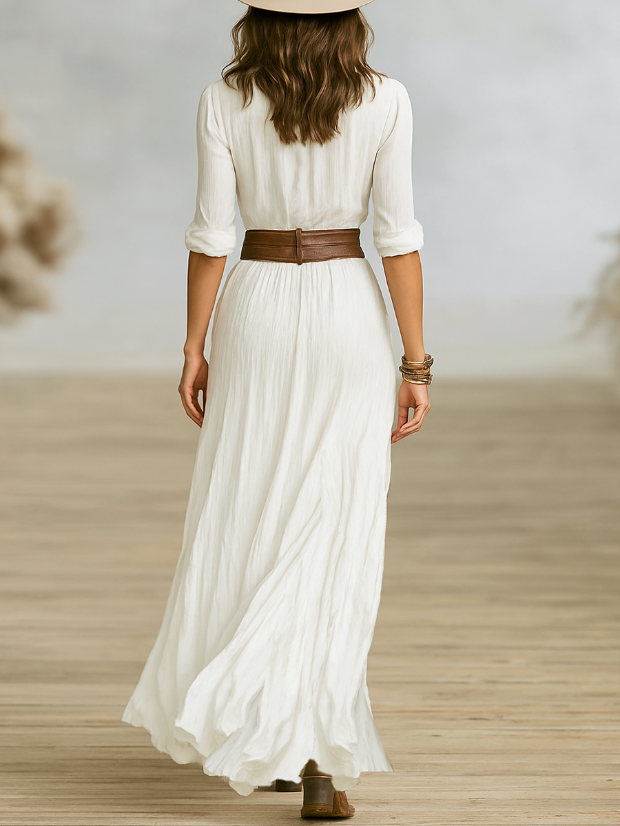 Women's Long Maxi Dress in Imitative Cotton and Linen with Reversible Collar