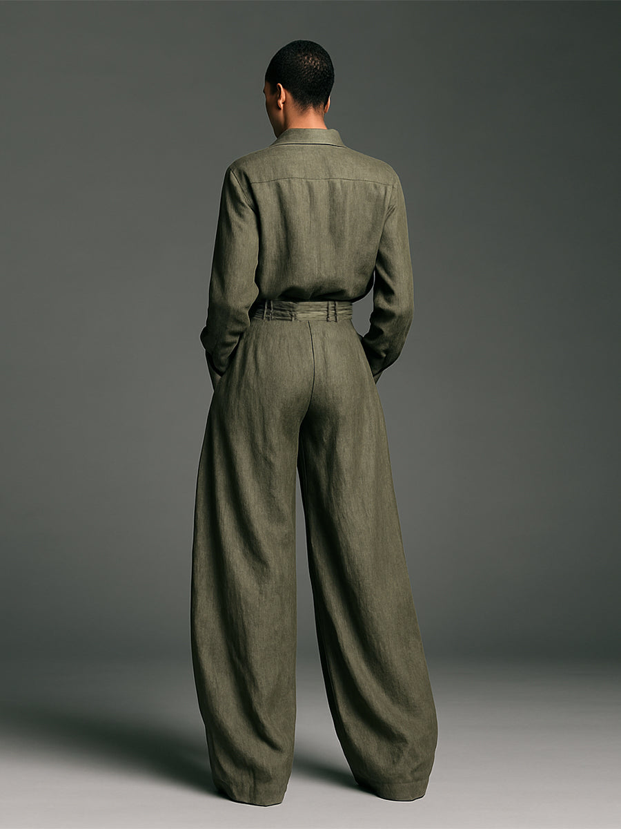 Women's Cotton and Linen Double Set with Long Sleeve Shirt and Wide Leg Pants