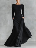 Adele - Modern long dress in black crepe with a sailor collar and pleats