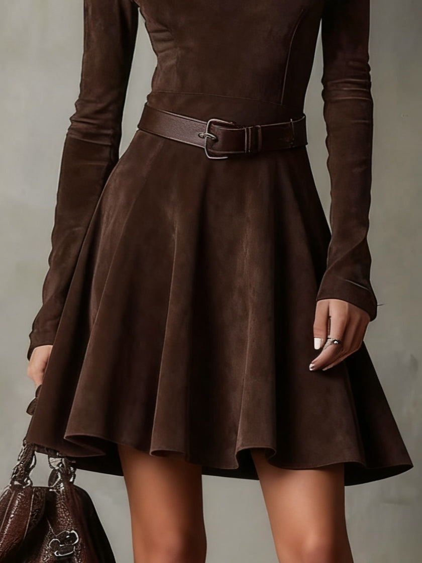 Vintage Dark Brown High Waist Suede Dress