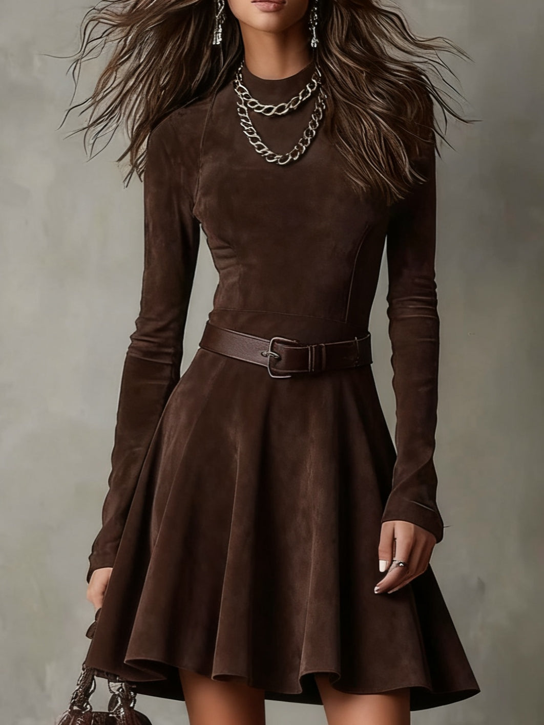 Vintage Dark Brown High Waist Suede Dress