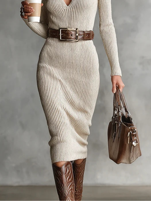 Gabriela | Belted and Half-Turtleneck Midi Dress